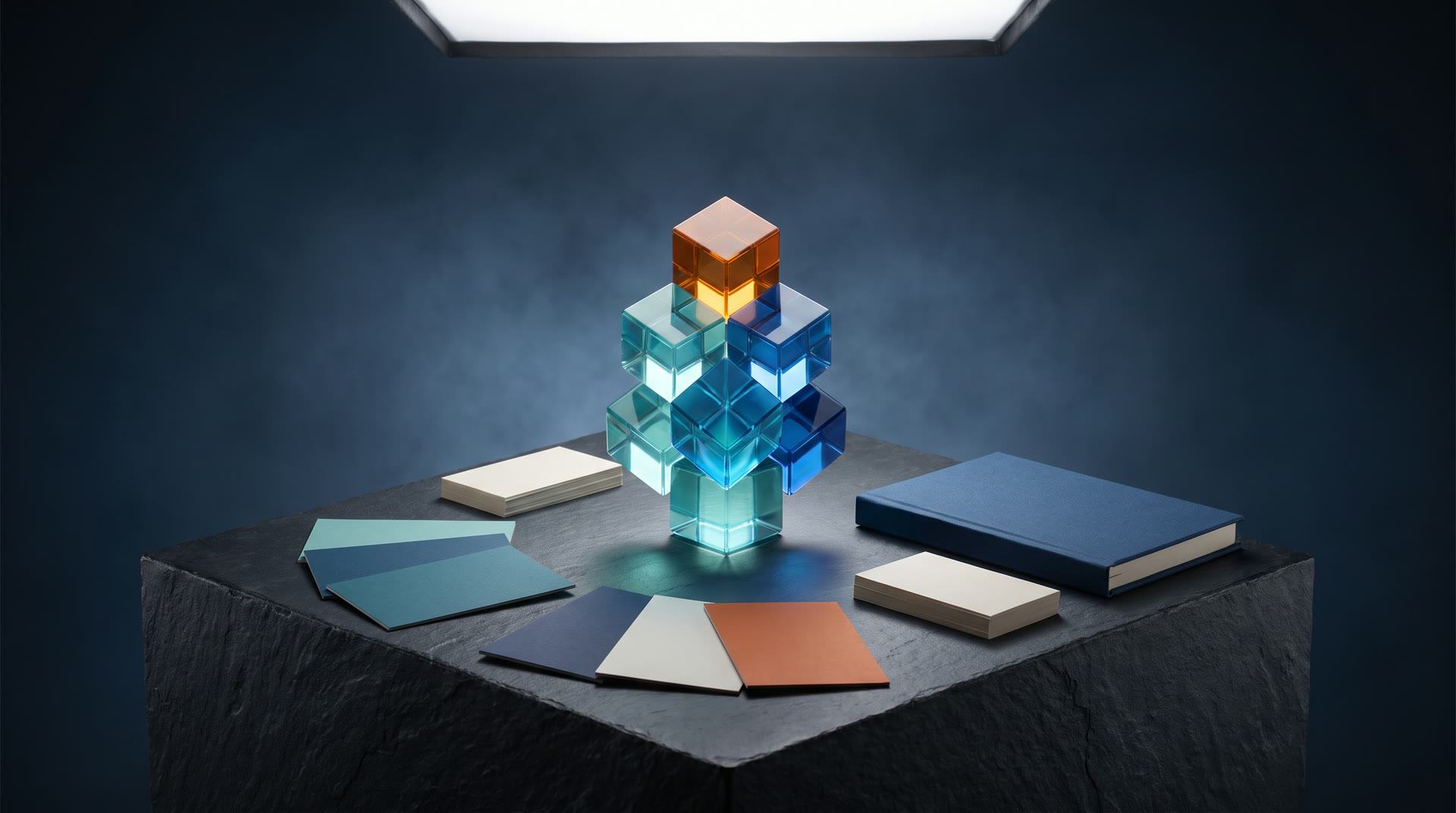 An abstract glass pixel brand symbol on a pedestal with color swatches and business cards