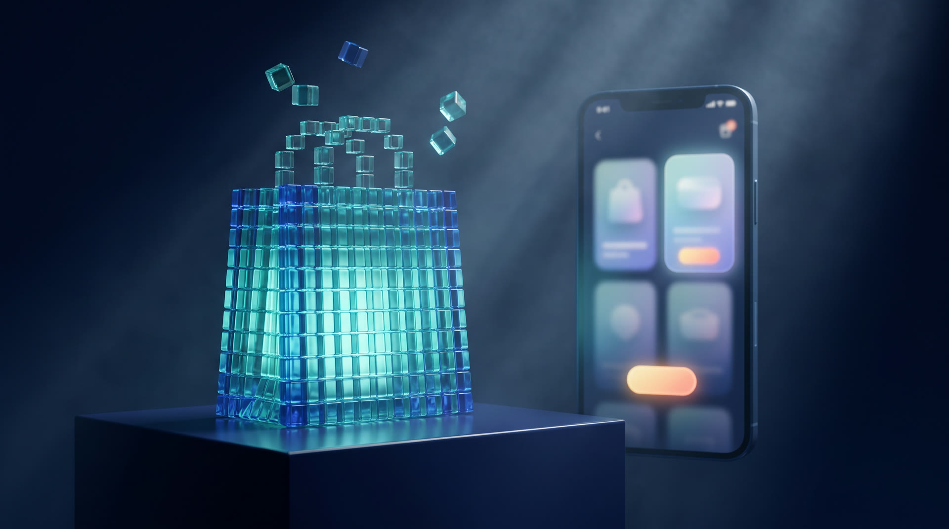 A shopping bag built from glowing glass pixel cubes beside a phone showing a store
