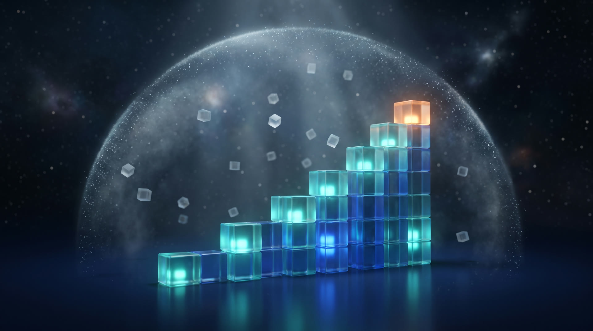 Rising columns of glowing glass cubes under a protective dome of light