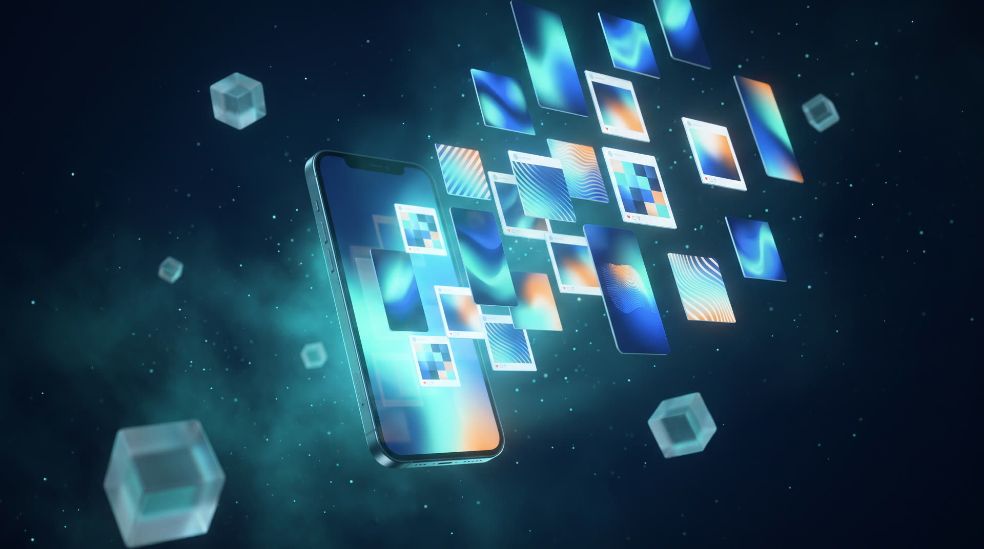 Social media post designs bursting out of a phone screen like pixels