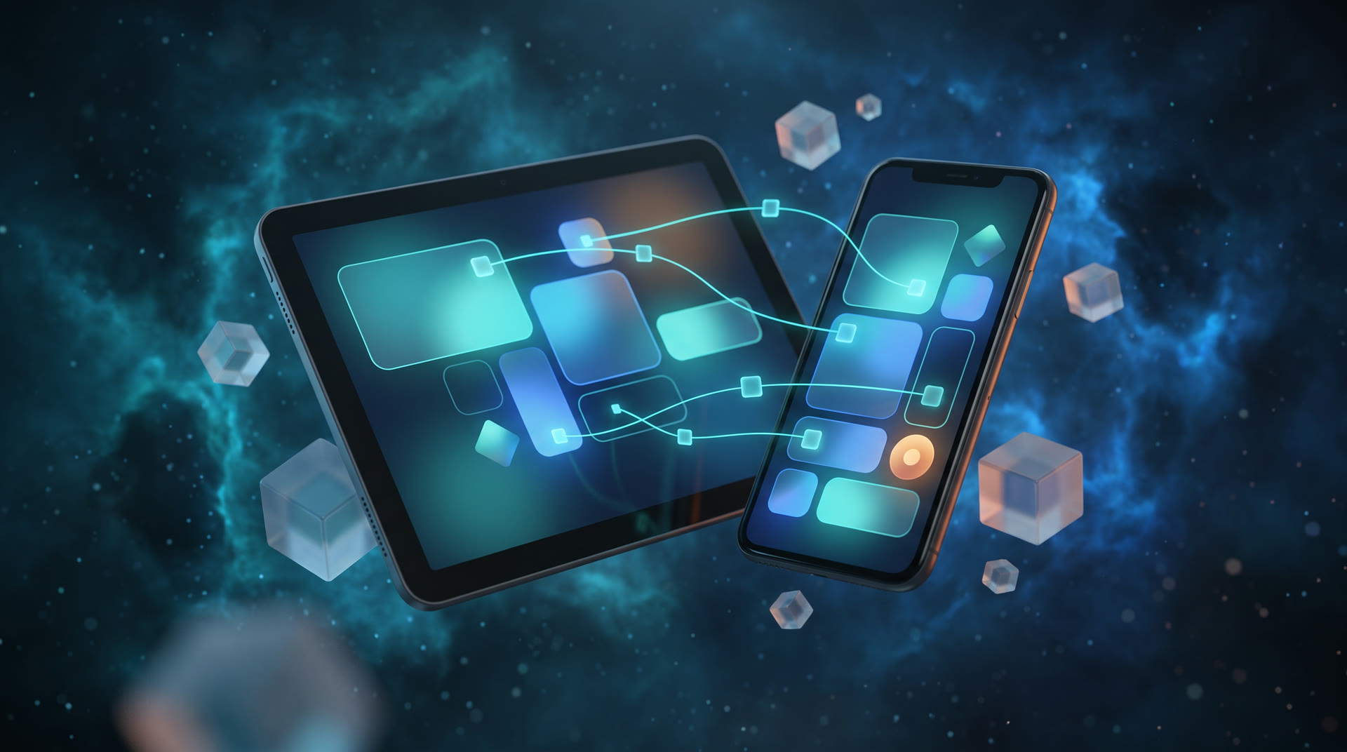 Tablet and phone showing connected interface designs in teal and blue light
