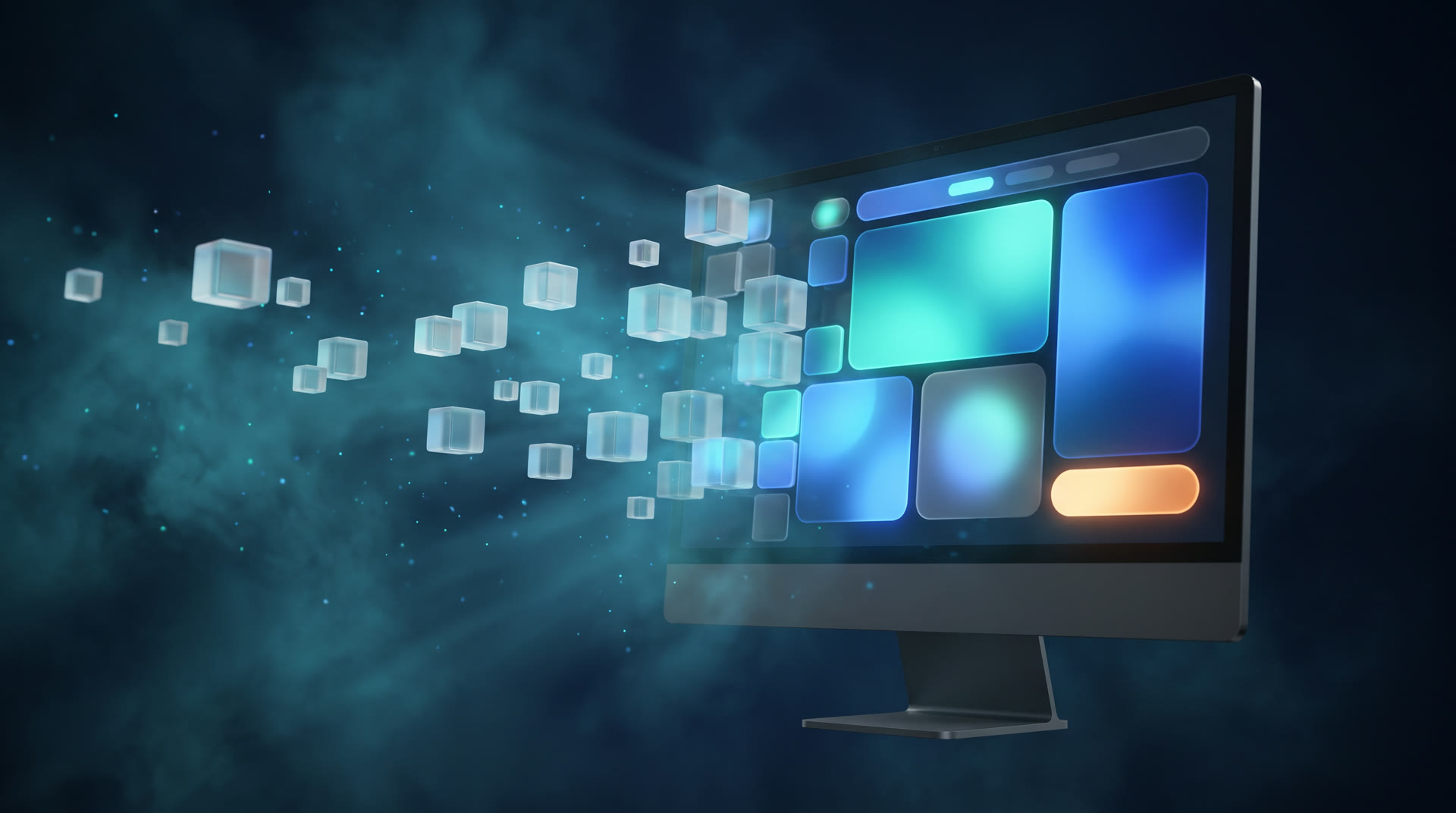 Glass pixel cubes assembling a website layout on a large monitor