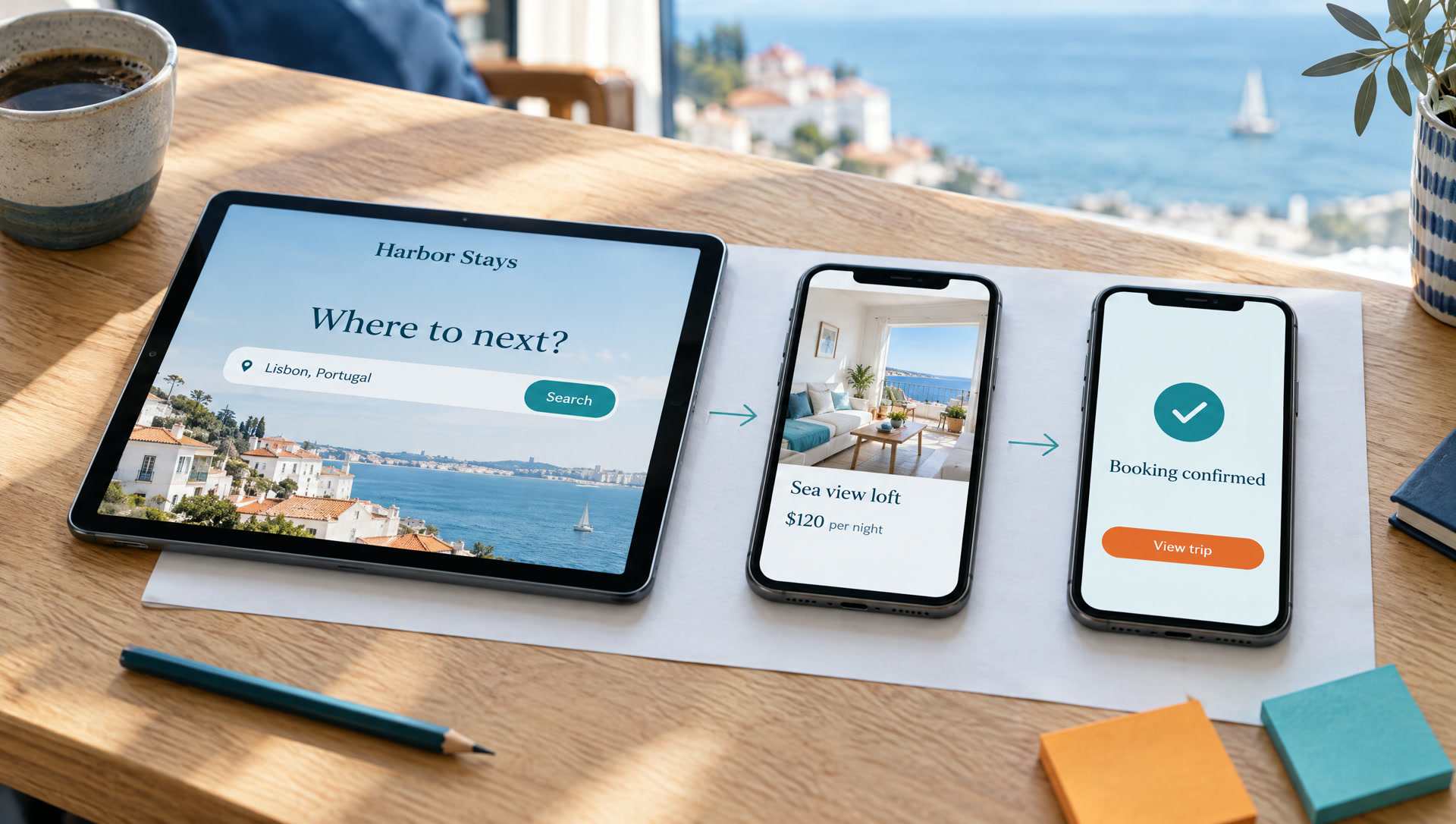 Concept booking app flow for Harbor Stays across a tablet and two phones on a desk by the sea
