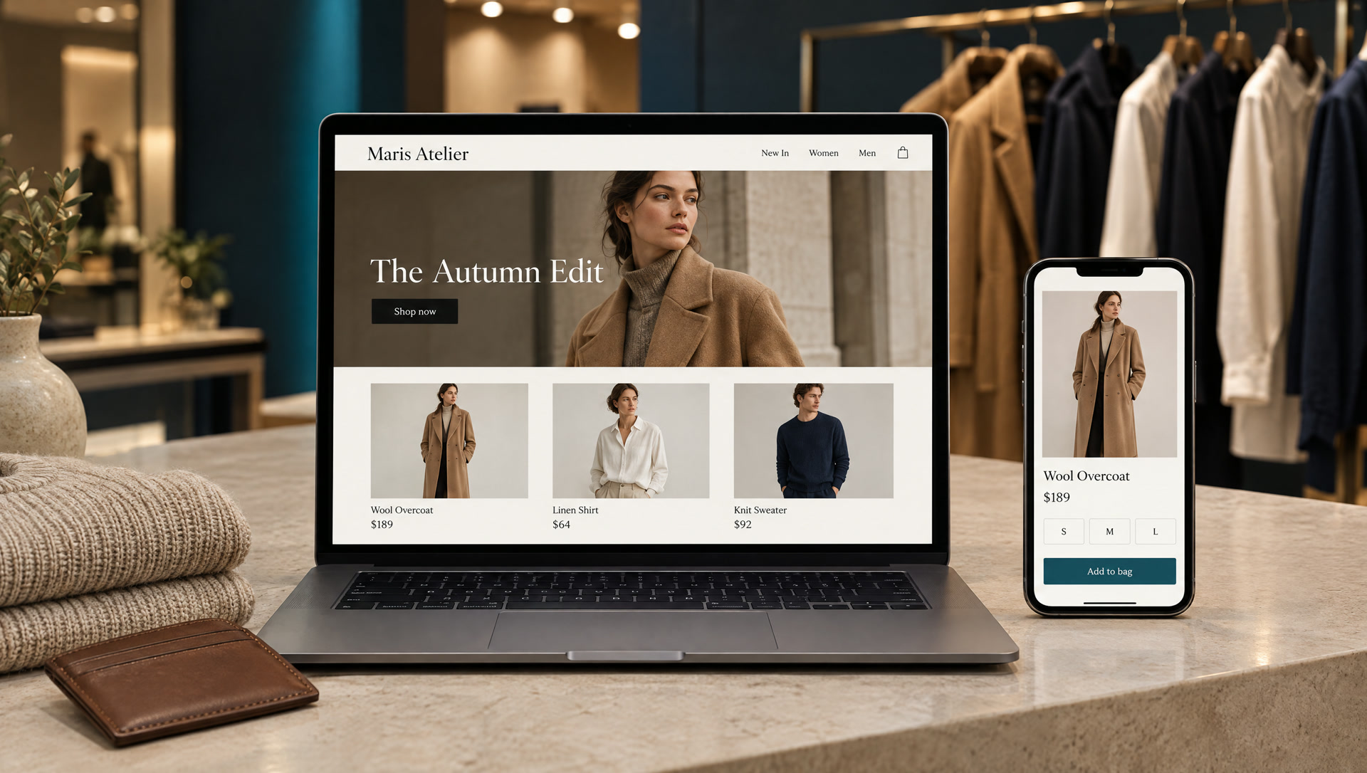 Concept online clothing store for Maris Atelier on a laptop and phone in a boutique