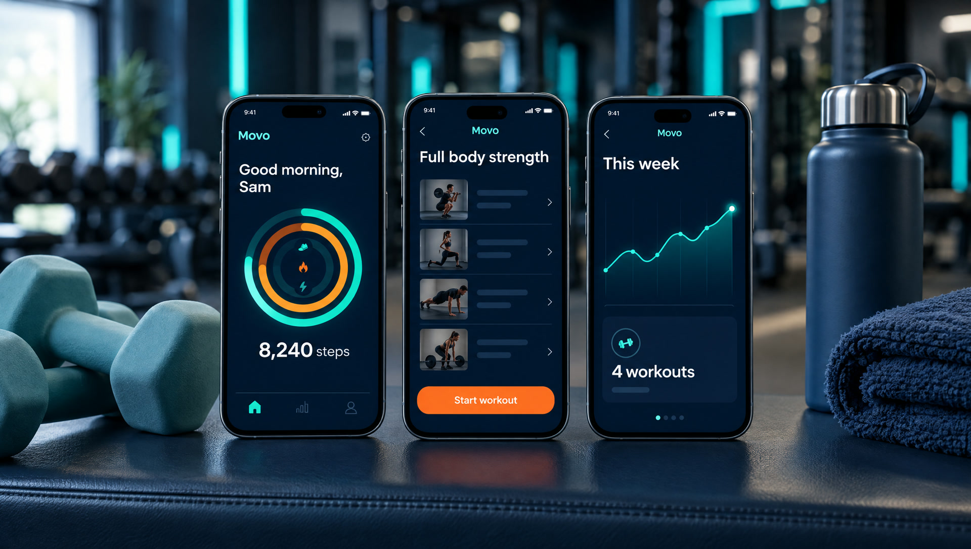 Concept fitness app screens for Movo on three phones in a gym