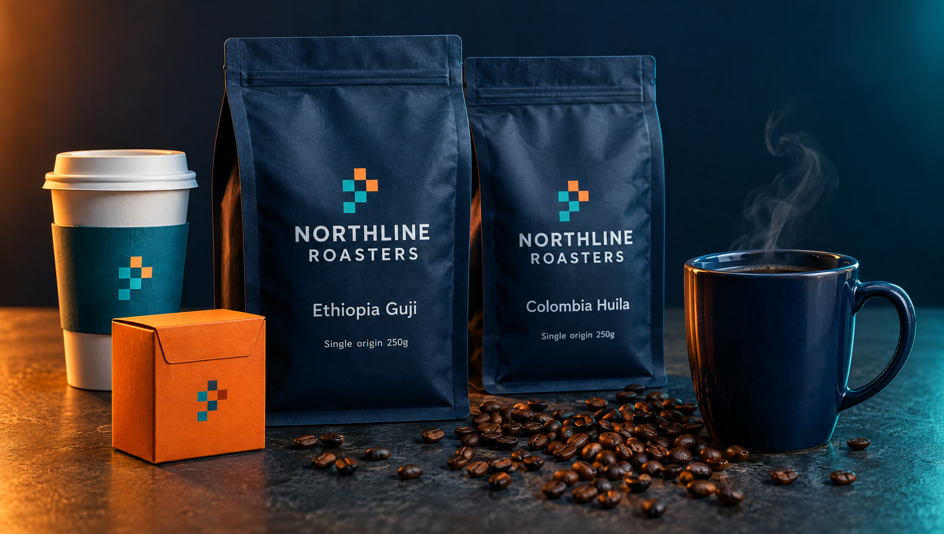 Concept coffee packaging for Northline Roasters with navy bags, a teal cup sleeve, and an orange box