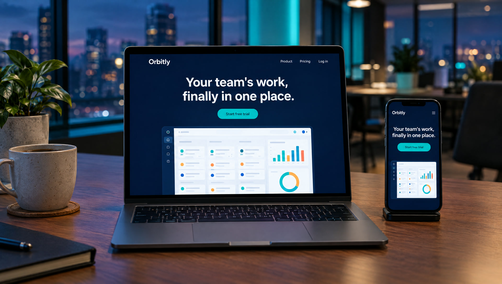 Concept landing page for Orbitly software on a laptop and phone in an evening office