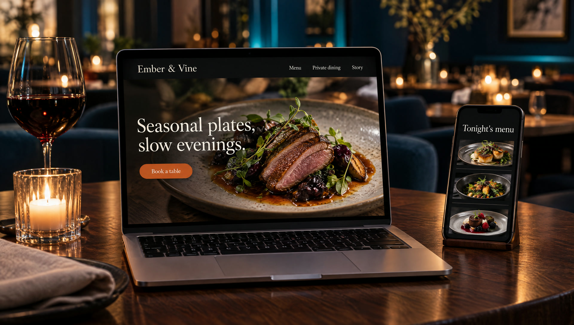Concept website for Ember and Vine restaurant on a laptop, with the mobile menu on a phone, at a candlelit table