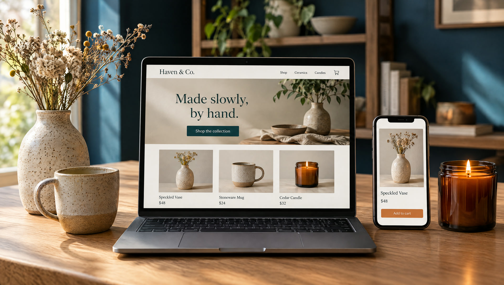 Concept online store for Haven and Co. homeware on a laptop and phone, beside the ceramics and candles it sells
