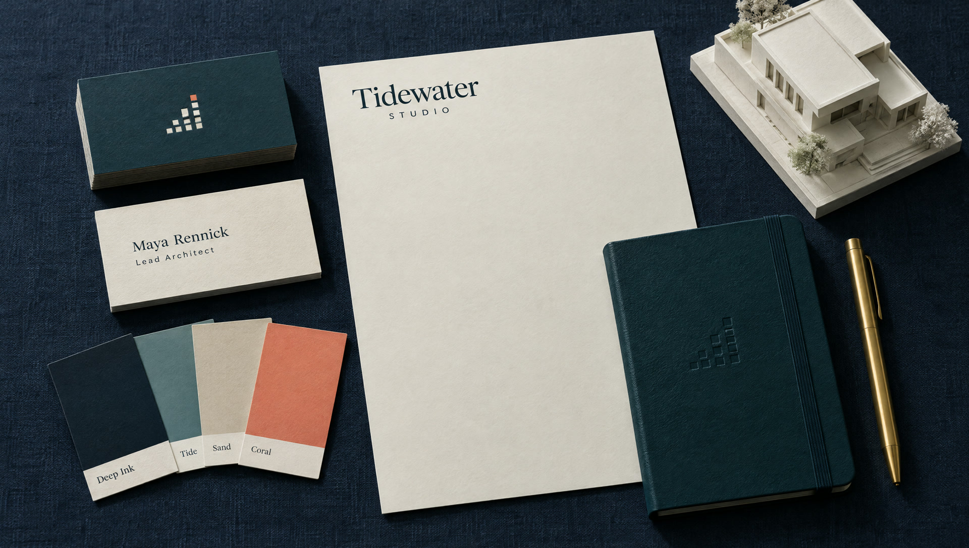 Concept brand stationery for Tidewater Studio: business cards, letterhead, color swatches, and a notebook
